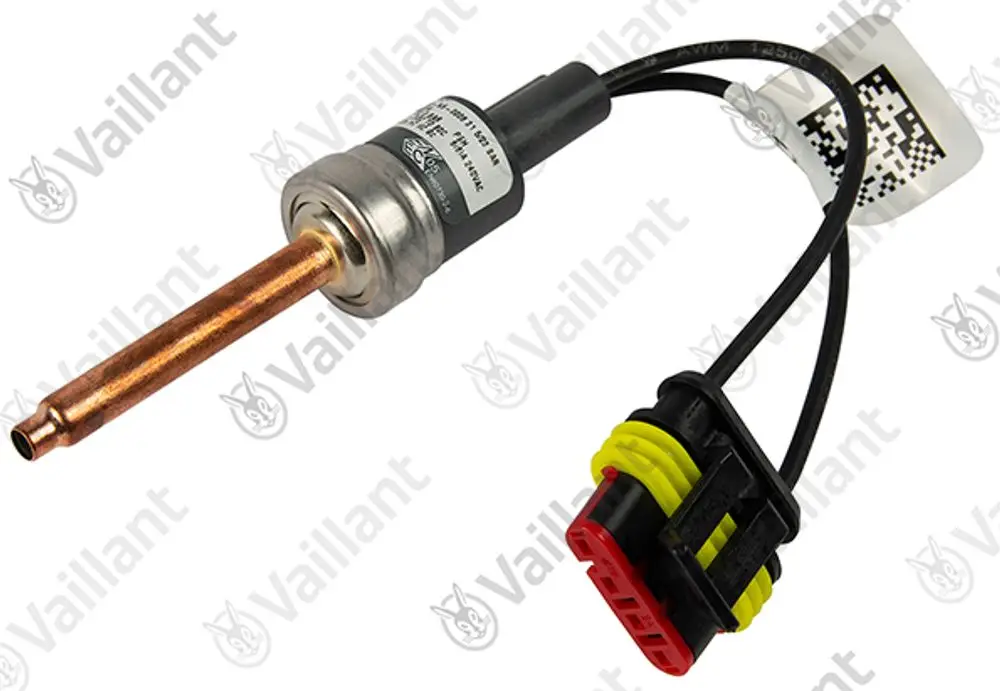 Vaillant Druckwächter mit Kupferrohr und elektrischem Anschluss. Das Produkt zeigt eine robuste Bauweise zur Drucküberwachung in Heizsystemen.